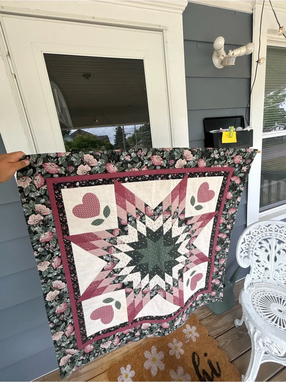 Handmade Floral Star Patchwork Quilt in Pink, Green and Cream